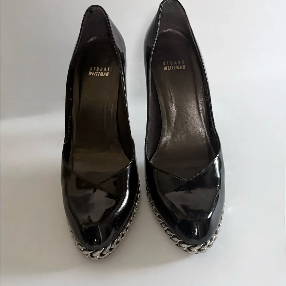 Stuart Weitzman Black Patent Leather Pumps Chain Link Platform Stiletto Heels